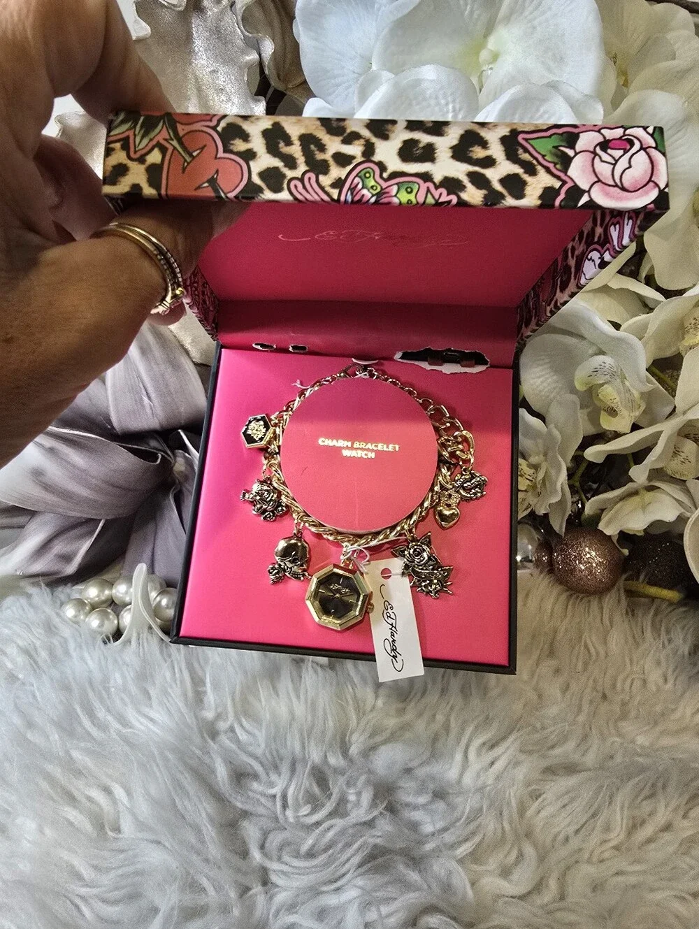 Ed Hardy Lobster closure, Gold tone bracelet, octagon shaped watch new